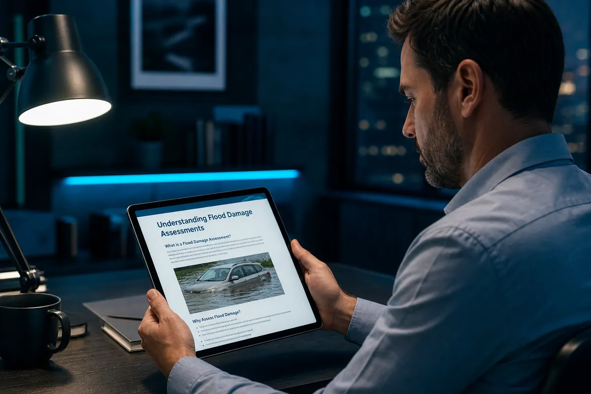 Vehicle owner reading flood assessment education on tablet in office, 1200x800