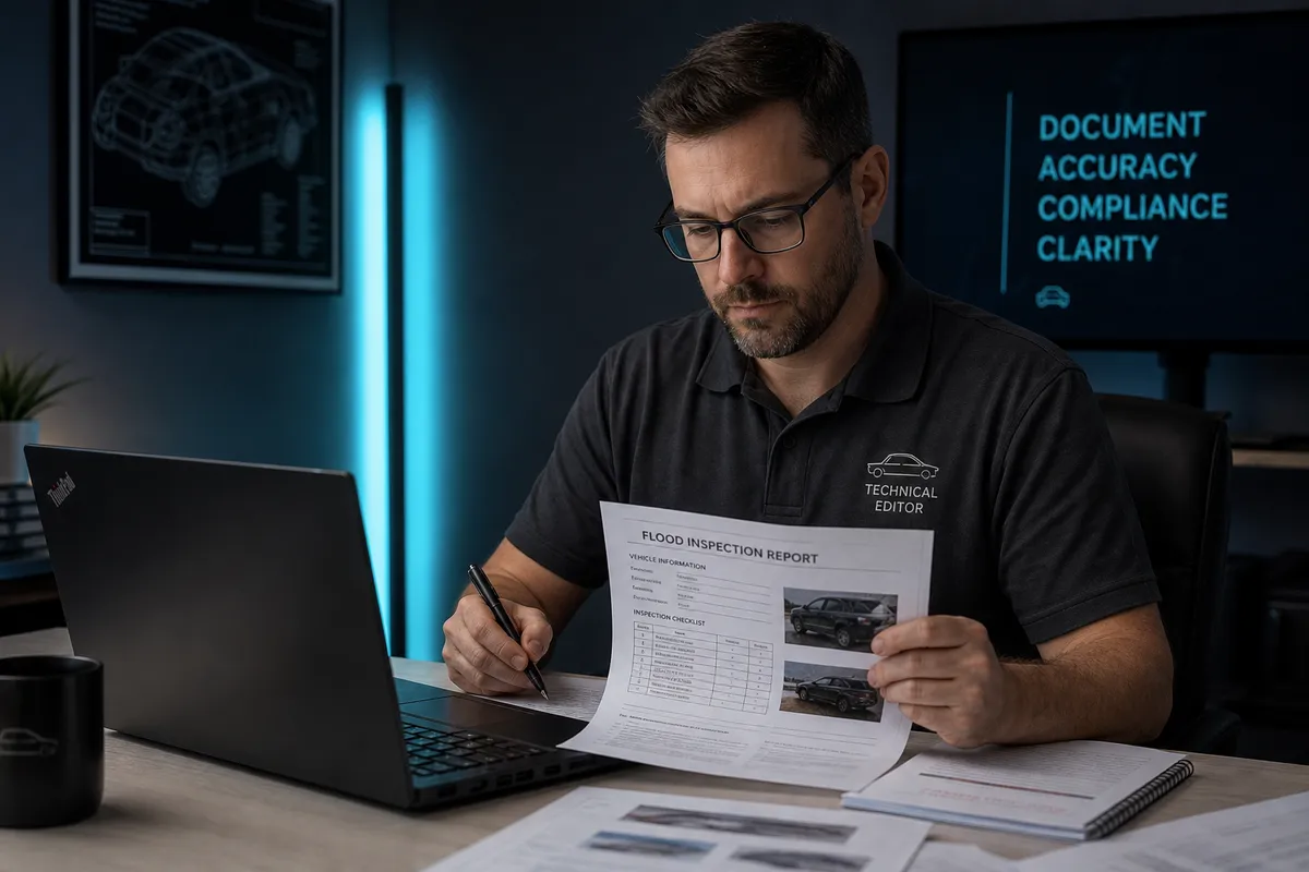 Technical editor reviewing flood vehicle assessment documentation at desk, 1200x800