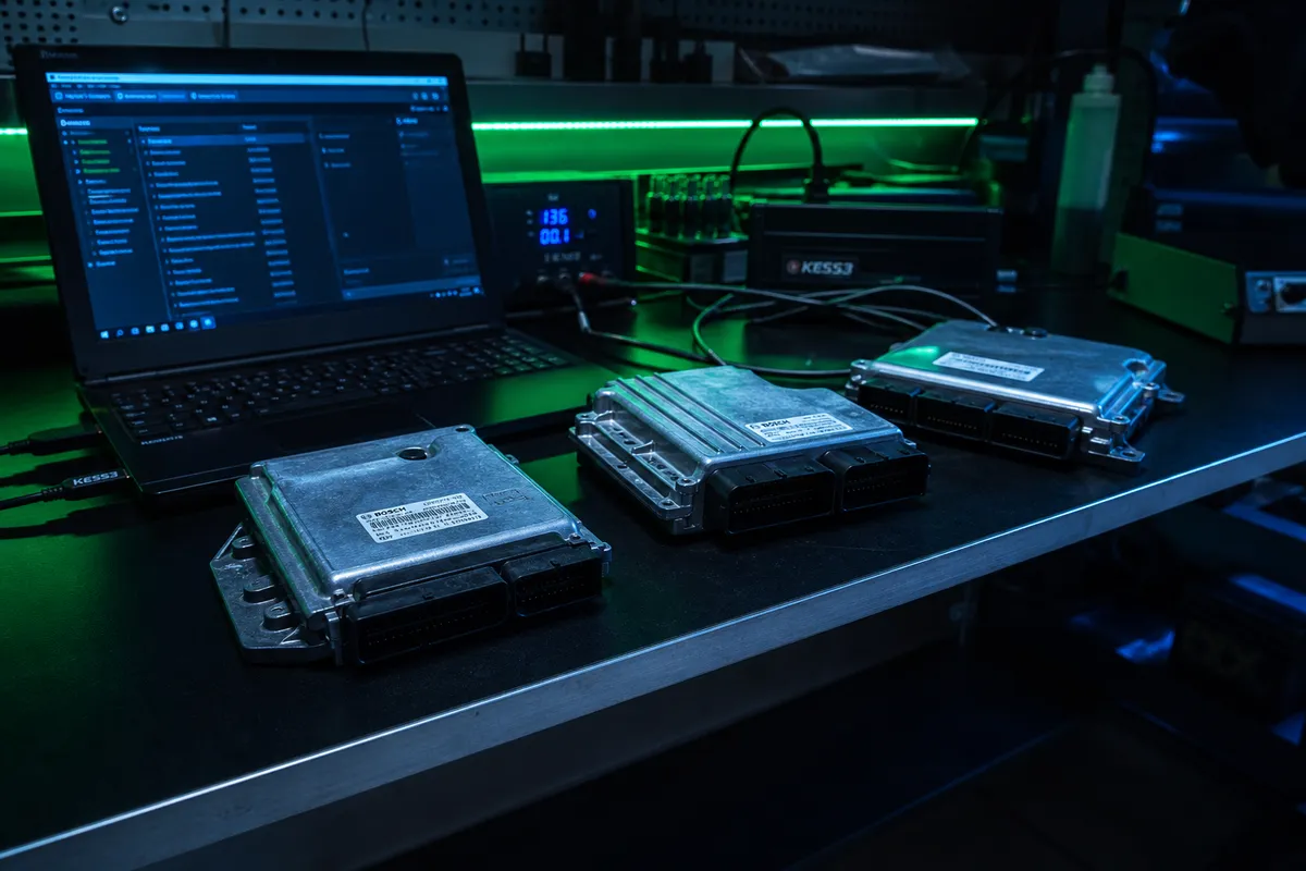 Automotive control modules and wiring on inspection bench with diagnostic laptop in dark service environment, 1200x675