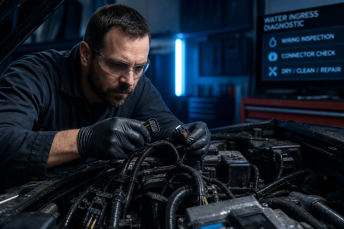 Technician inspecting vehicle wiring harness under hood in dark diagnostic bay with cyan accent lighting, 1200x675