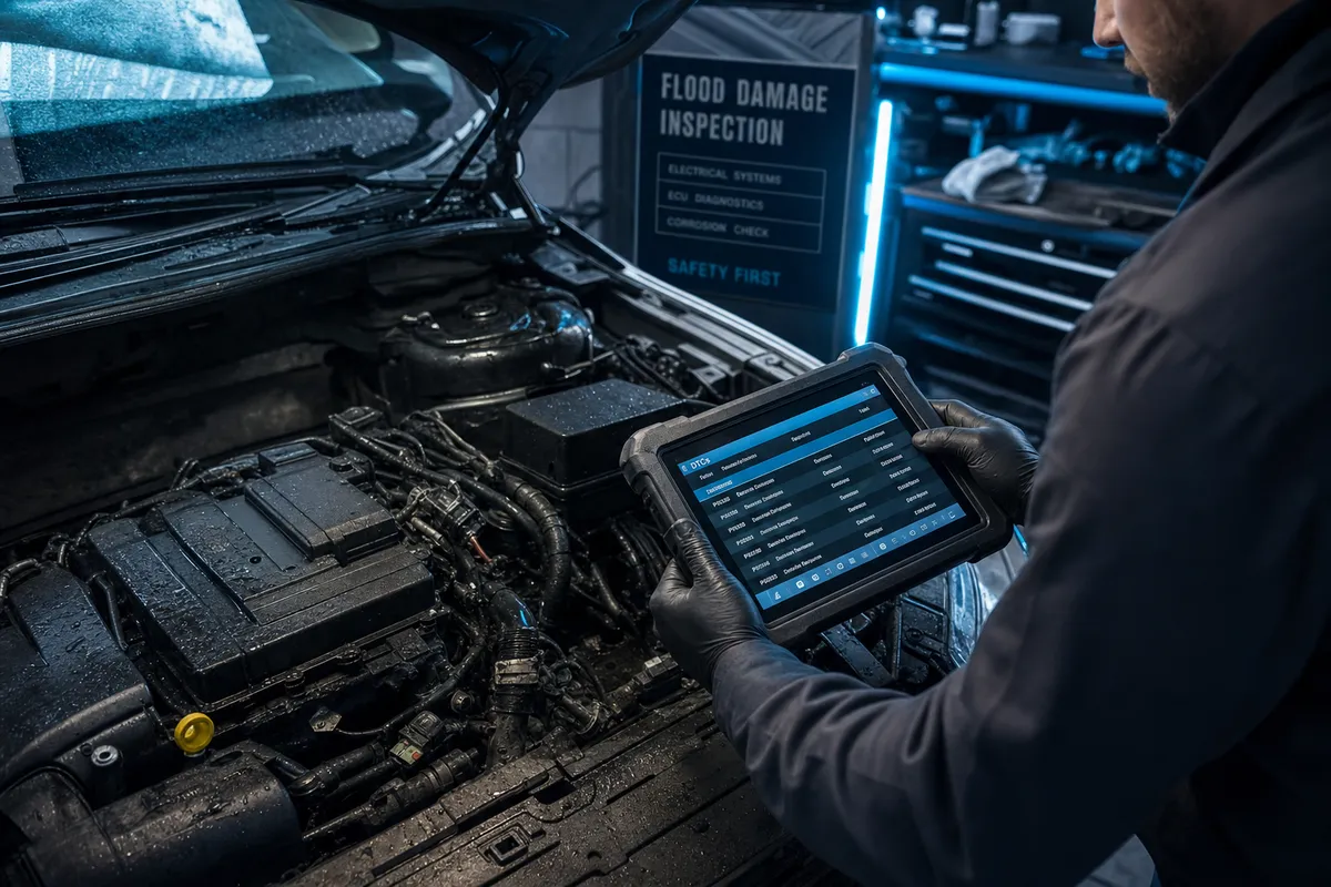 Engine bay inspection with diagnostic tablet showing scan data in dark automotive workshop, 1200x675