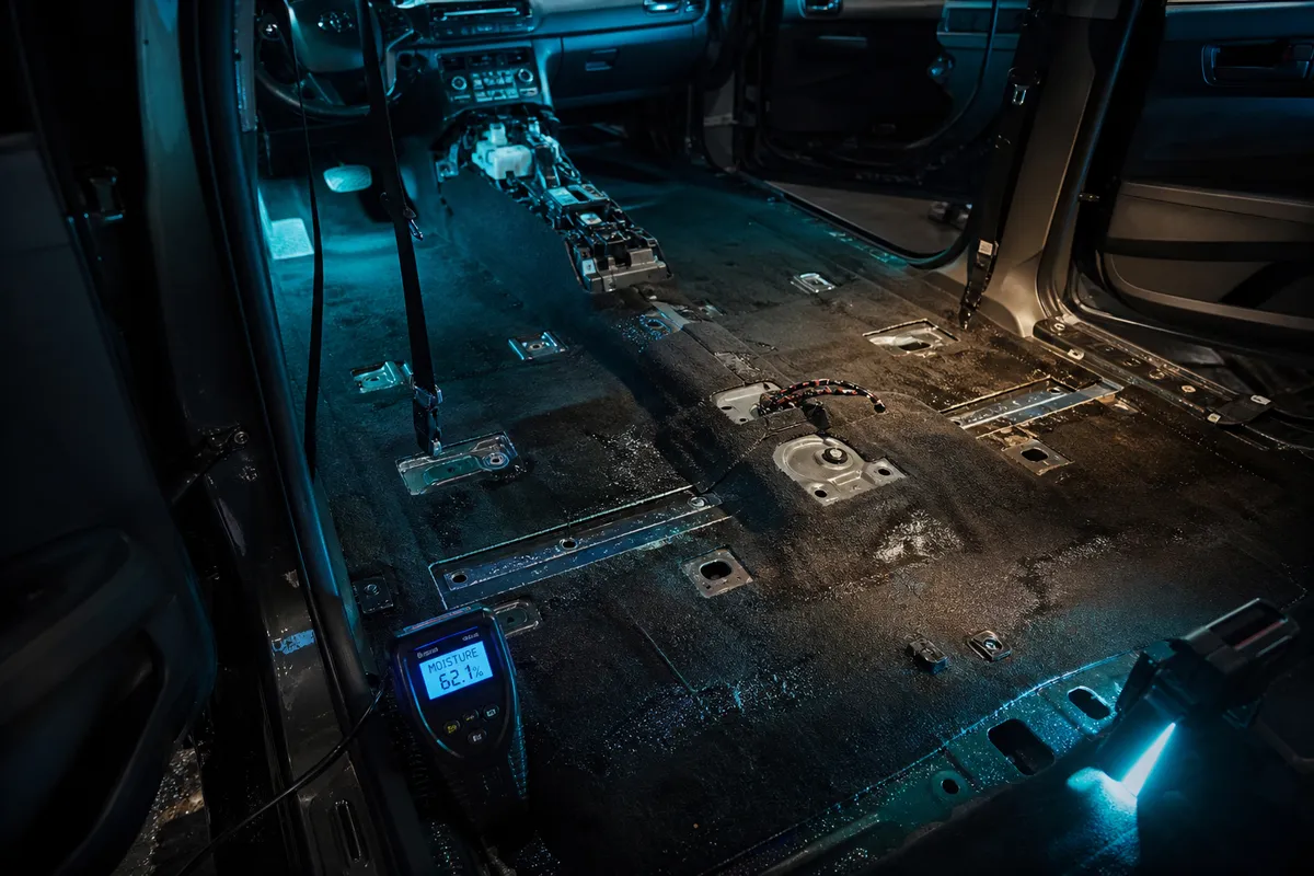 Vehicle interior with seats removed showing carpet and floor pan inspection in dark diagnostic setting, 1200x675