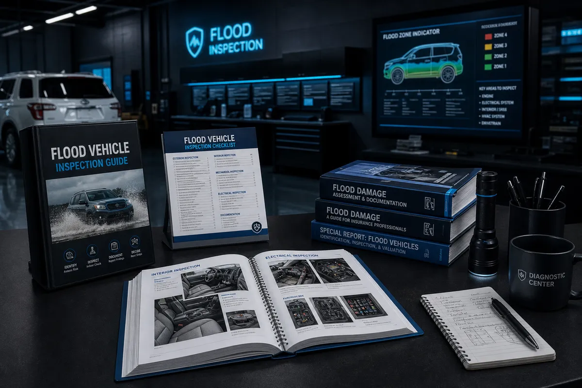 Educational flood vehicle assessment guides in dark diagnostic center, 1920x1080